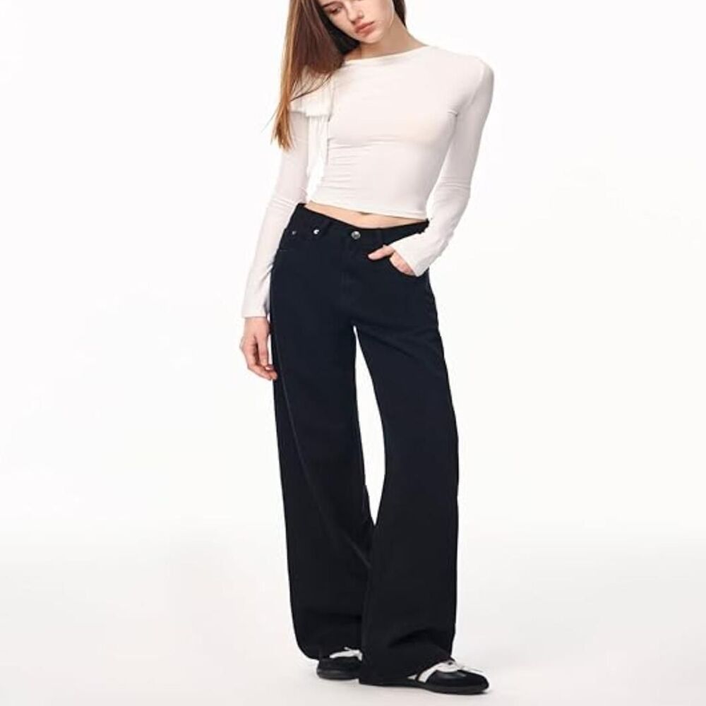 Baggy High Waisted Cinch Wide Straight Leg Adjustable Black Denim Jeans